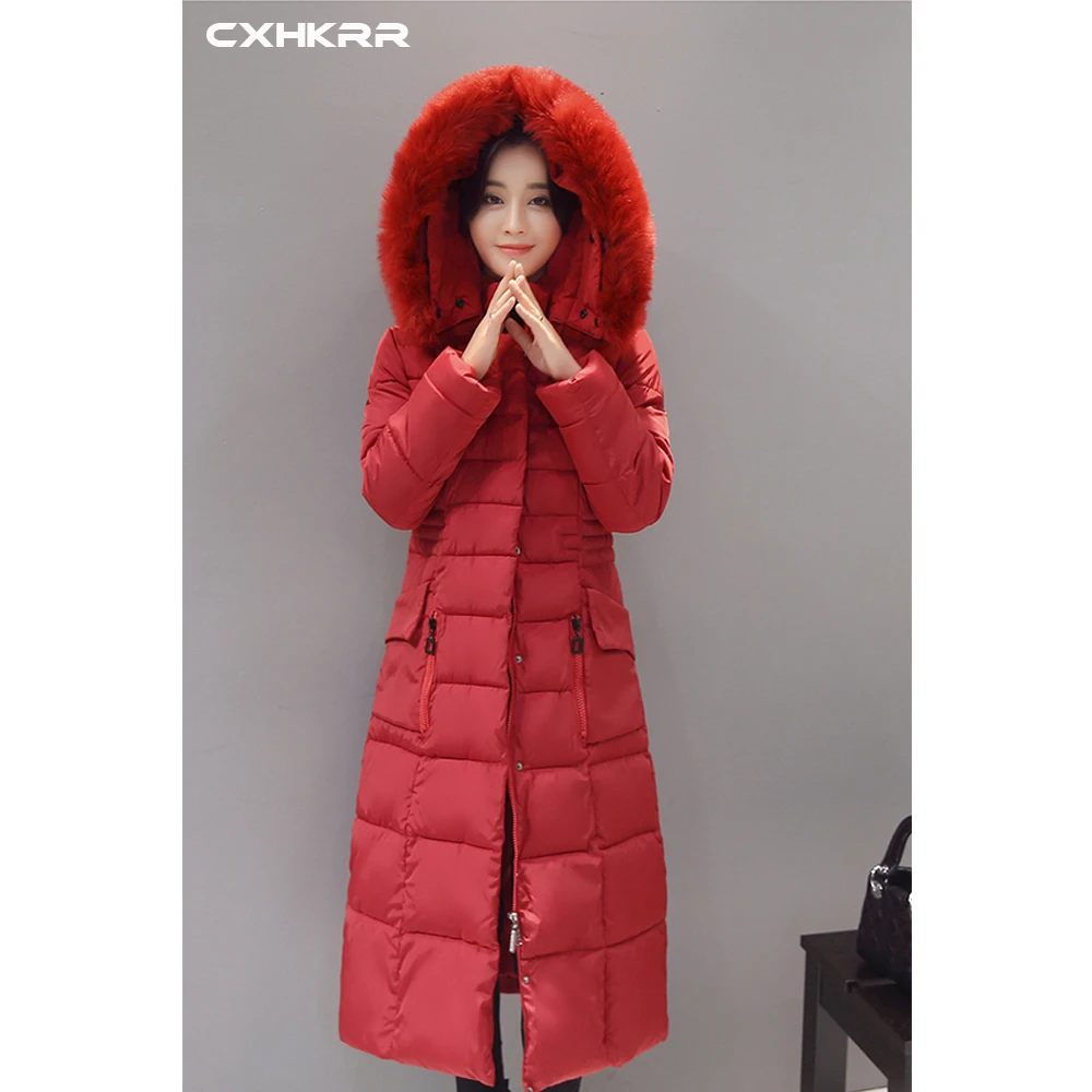 CXHKRR Новая женская парка пальто зимнее пальто женское зимнее пальто X-Long Женское зимнее пальто с меховым воротником Толстое Зимнее пальто с капюшоном размера плюс Co - Цвет: Красный