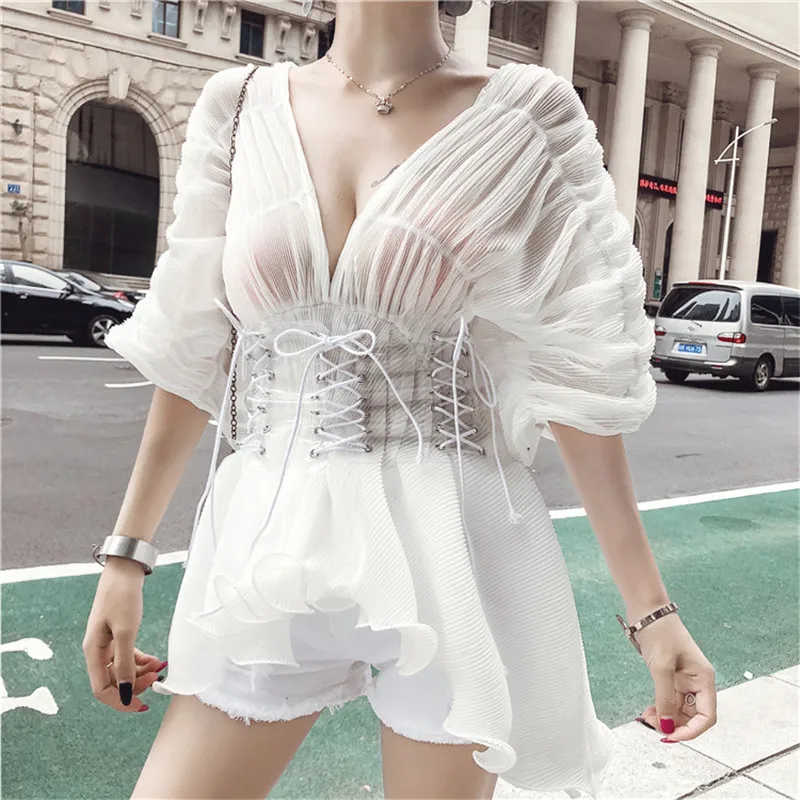 

Sexy Deep V Neck Tops 2019 Summer Women Translucent Femininas Blusas Loose Ruched White Shirts Twotwinstyle Waistband Blouse