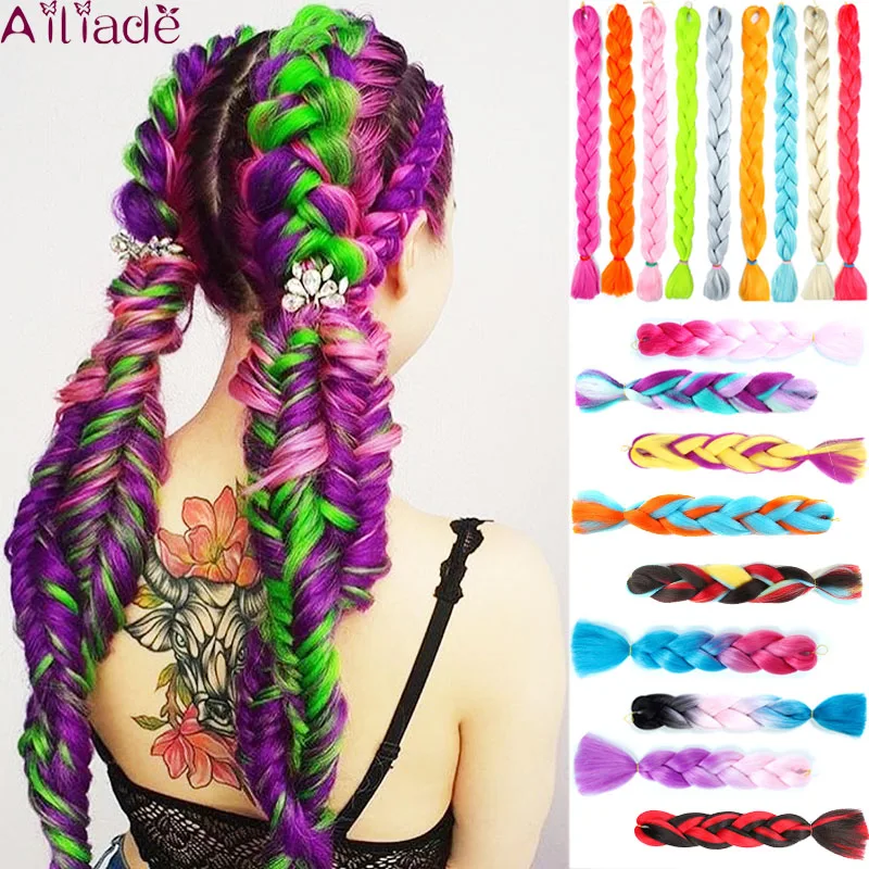 AILIADE 24inch Ombre Crochet Synthetic Kanekalon Jumbo Braiding Hair Bundles Black Purple Rainbow Braids Fake Hair Extensions