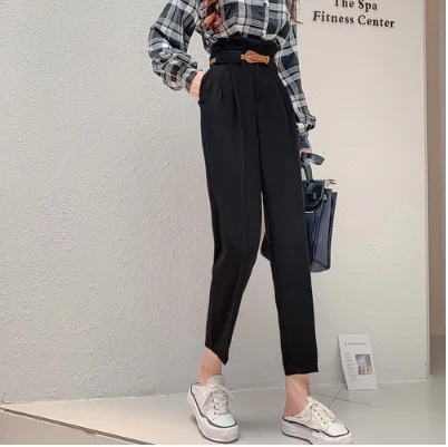 Black REALEFT Autumn Korean Casual Women Pants with Belt Female Work Wear Pants High Waist Trousers Office Lady New Trousers - Color: Black