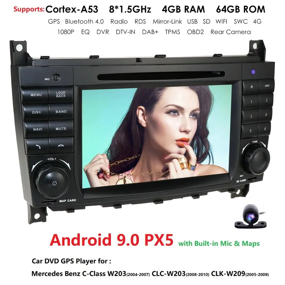 Android 9,0, 4 ГБ, 64 ГБ, 2DIN автомобильный DVD gps для Mercedes Benz/W203 W209 W219 W169 A160 C180 C200 C230 C240 CLK200 CLK22 Радио Стерео Cam