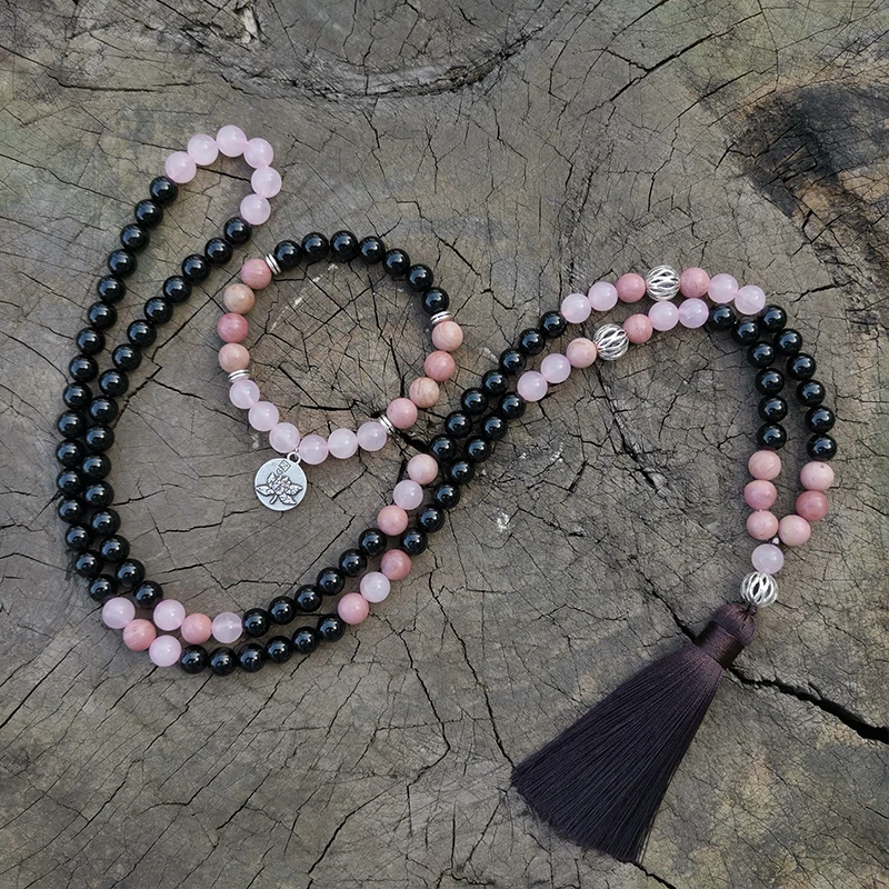 8mm Rhodrochrosite,Rose Quartz Japa Mala Set,Warmth,Meditation Mala,Namaste Yoga Jewelry,Buddhist Mala Prayer Bead,108 Bead
