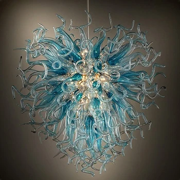 Cheap Free Shipping Unusual Flush Mount Blown Glass Chandelier LED Blue Shade Design Modern Chandelier Light Fixture Home Indoor Light