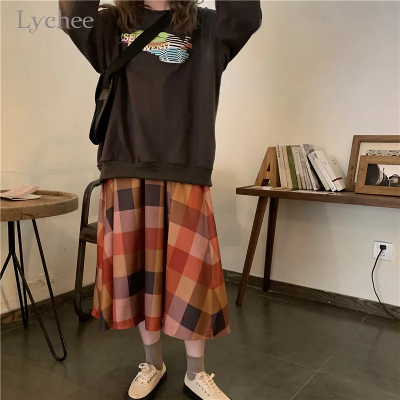 Lychee, Harajuku, клетчатая, хит, цветная, Женская юбка, эластичная талия, средняя длина, юбки для девочек, повседневные, свободные, весна, лето, осень, для девушек