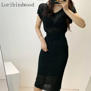 

2020 New Summer Women Hollow out Knitting Short sleeve Sweater + Elastic waist 2pcs Suit Sexy Long Skirt Set