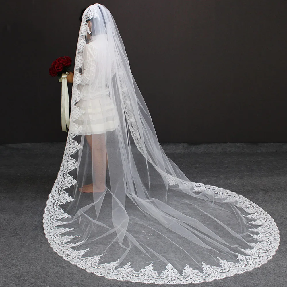 

High Quality Cathedral Wedding Veil with Comb One Layer 3 Meters Bridal Veil White Ivory Long Bride Veil Velo de Novia
