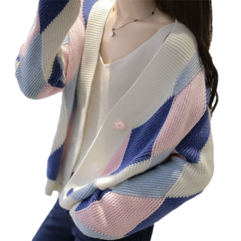 

Korean Fashion Patchwork Knitted Sweater Women Cardigan Spring Autumn Loose V Neck Long Sleeve Knit Jacket Coat Female Knitwear