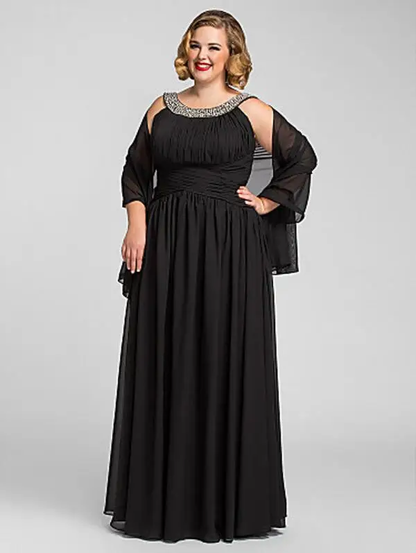 

Vestidos de Festa 2020 Plus Size A-line Jewel Floor-length Chiffon Evening/Prom Dress With Shawl Black Formal Dress