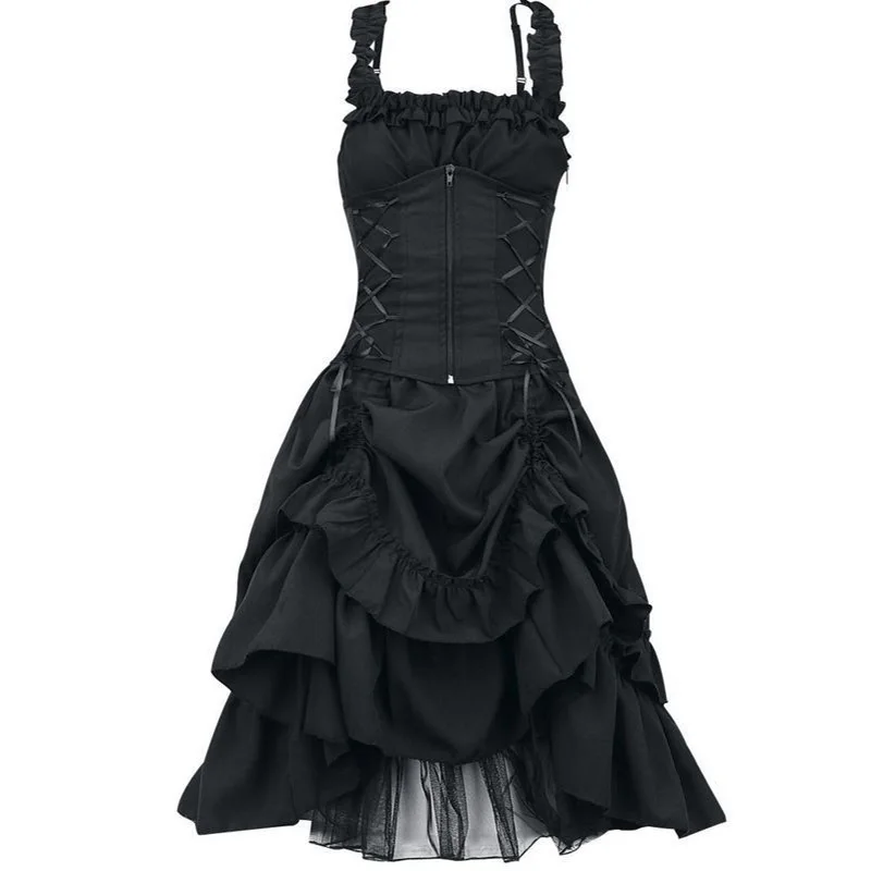 

Women Medieval dress Gothic Vintage Formal club Dress Ruffled Strap Waist Fastener elegant a-line steampunk dresses mini short