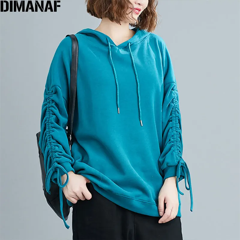 

DIMANAF 2020 Plus Size Women Hoodies Sweatshirt Double Sleeve Belt Pullover Casual Style Cotton Loose Solid Oversize Sweatshirt