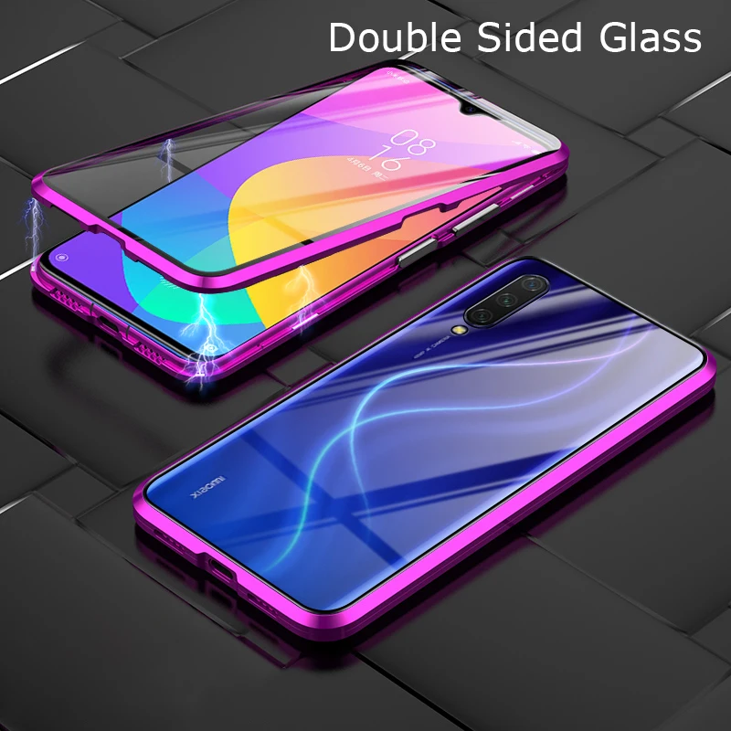Магнитные абсорбционные металлические флип-Чехлы для Xiaomi Mi 9T Pro двухсторонняя закаленная стеклянная задняя крышка для телефона для Xiaomi Mi 9T чехол - Цвет: Purple Double Glass