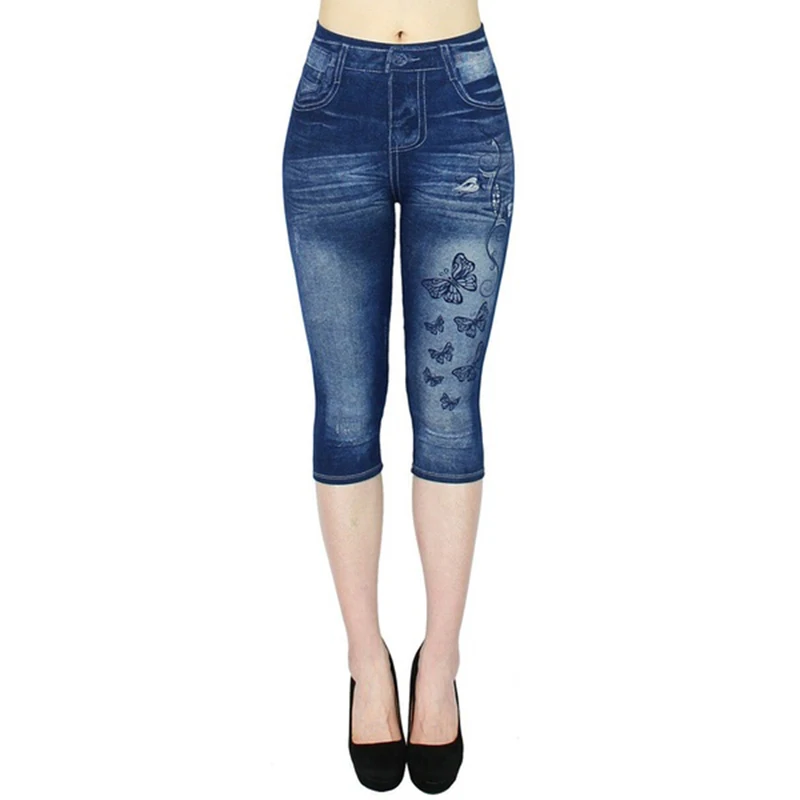 Faux Jeans Leggings Woman Stretch Printed Short Leggins 4\3 Pants Summer Breeches High Waist Perfect Fit Jeans Jeggings
