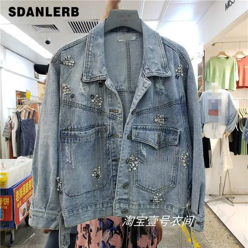 

2019 Spring Autumn New Women's Outwear Blue Denim Jacket Female Studded Rhinestone Tassel Denim Jackets Casual Short Coat
