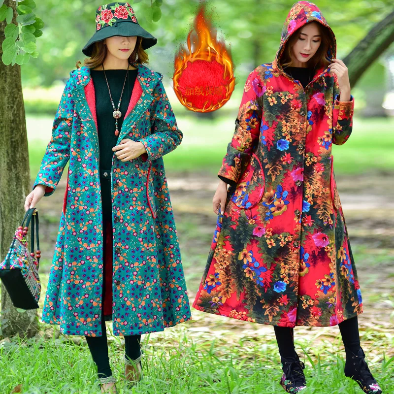 

2019 Winter New Style WOMEN'S Dress National Wind Printed Cotton Linen Brushed And Thick Hooded Large Size Trench Coat Women's