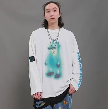 

EWQ / men's wear Cartoon graffiti pattern long-sleeved T-shirt male spring vintage personality all-match 2020 new tops 9Y1873