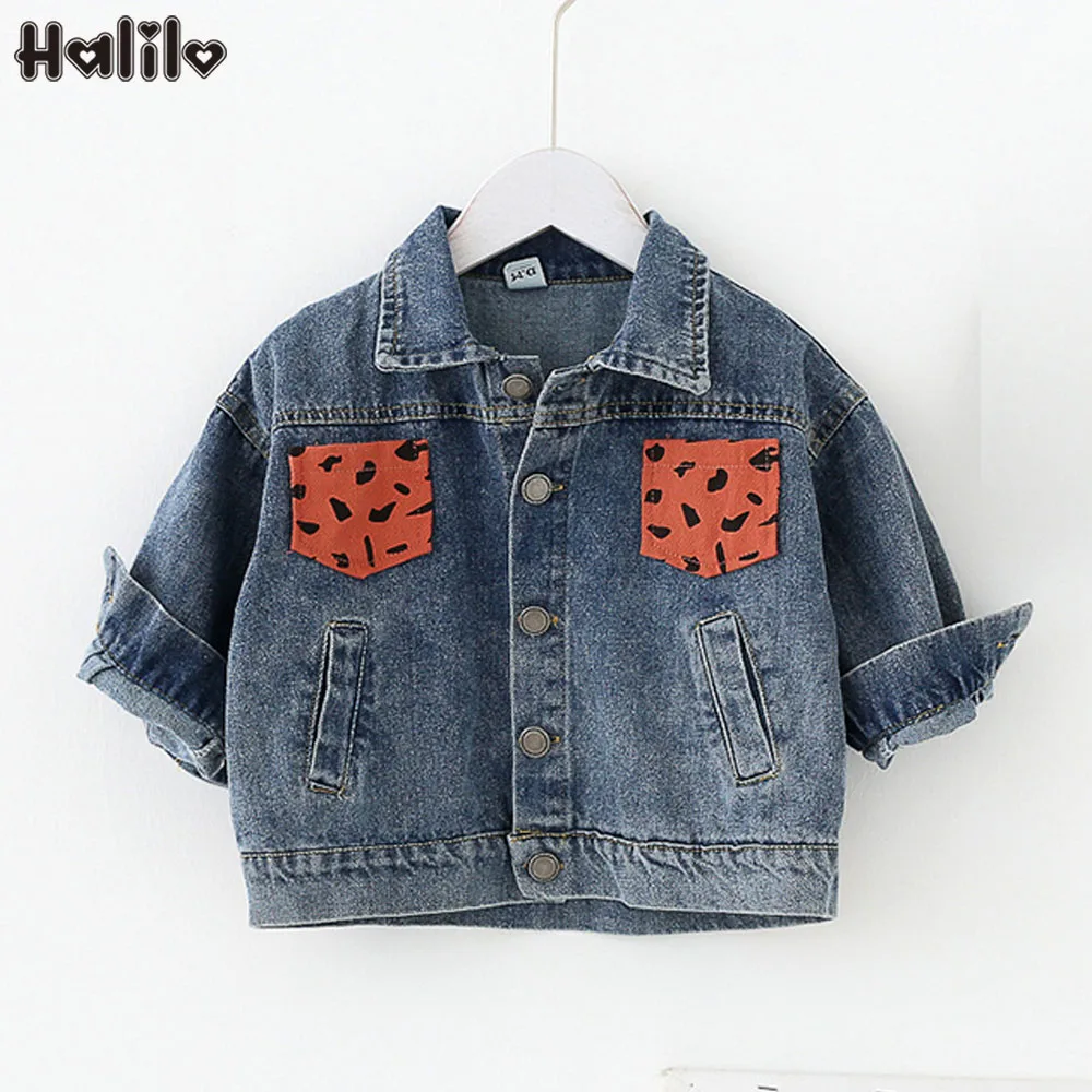 Одежда для девочек "halilo" Джинсовые куртки осень отложной хлопковая блуза леопардовой расцветки с воротником для малышей Верхняя одежда, пальто для девочек и куртки для младенцев Костюмы пальто для ясельного возраста
