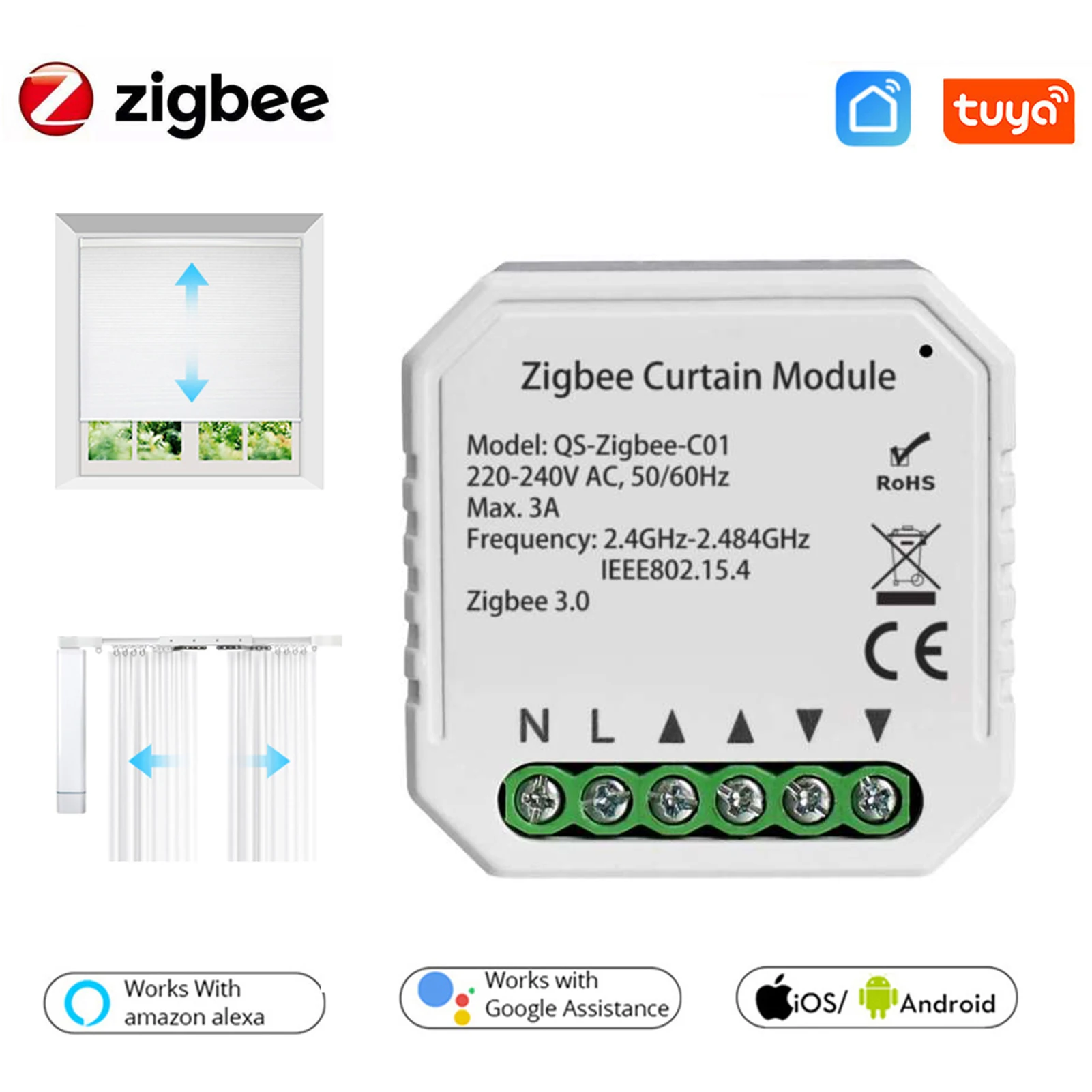 Tuya vida inteligente Zigbee cortina con WiFi módulo interruptor rodillo obturador ciego Motor inteligente Google Alexa de Amazon, Control de voz