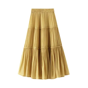 

Summer Style Lush Cakee Pleated Long Skirts Elastic Waist Patchwork A-line Mid-calf Long Boho Skirts Blue Yellow Red