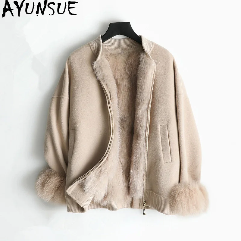 

AYUNSUE Real Fur Coat Female Natural Fox Fur Collar Wool Coat 2019 Autumn Winter Jacket Women Alpaca Woolen Coats veste femme MY