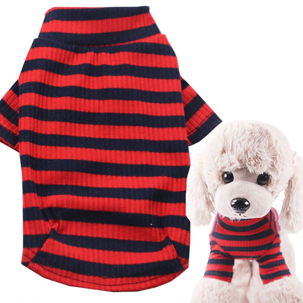 red with navy blue Приталенная рубашка для питомцев, эластичная хлопковая одежда для собак, Весенняя летняя одежда для кошек, воротник средней высоты, рубашка для собак в полоску, костюм для питомцев - Цвет: red with navy blue