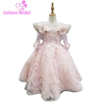 

2019 Flower Girl Dresses Elegant Pink Lace Applique Sleeveless Cascading Kids Pageant Gowns For Weddings First Communion Dresses