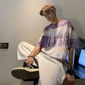 

2020 Summer New Youth Popular Men's Loose Tie-dye Five-point Sleeve T-shirt Fashion Casual Round Neck Pullover Purple M-XL