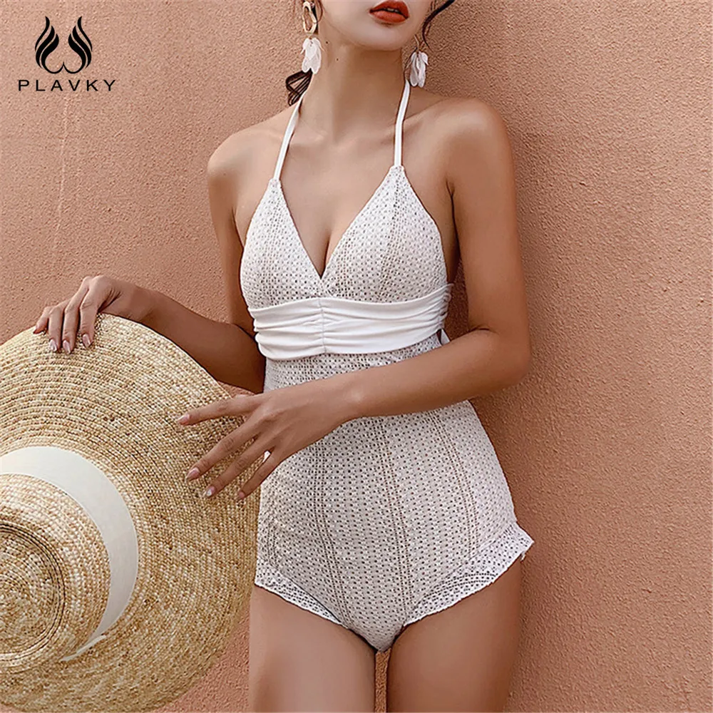 

Sexy Korean Backless White One Piece Swimsuit Lady 2019 Monokini Swimwear Lace Bodysuit Women Halter Swim Bathing Suit Trikini