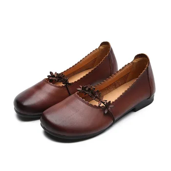 

Soft Bottom Comfortable Hand Made Women Genuine Leather Flat Shoes Casual Work Cowhide Flexible Boat Shoes Women Flats