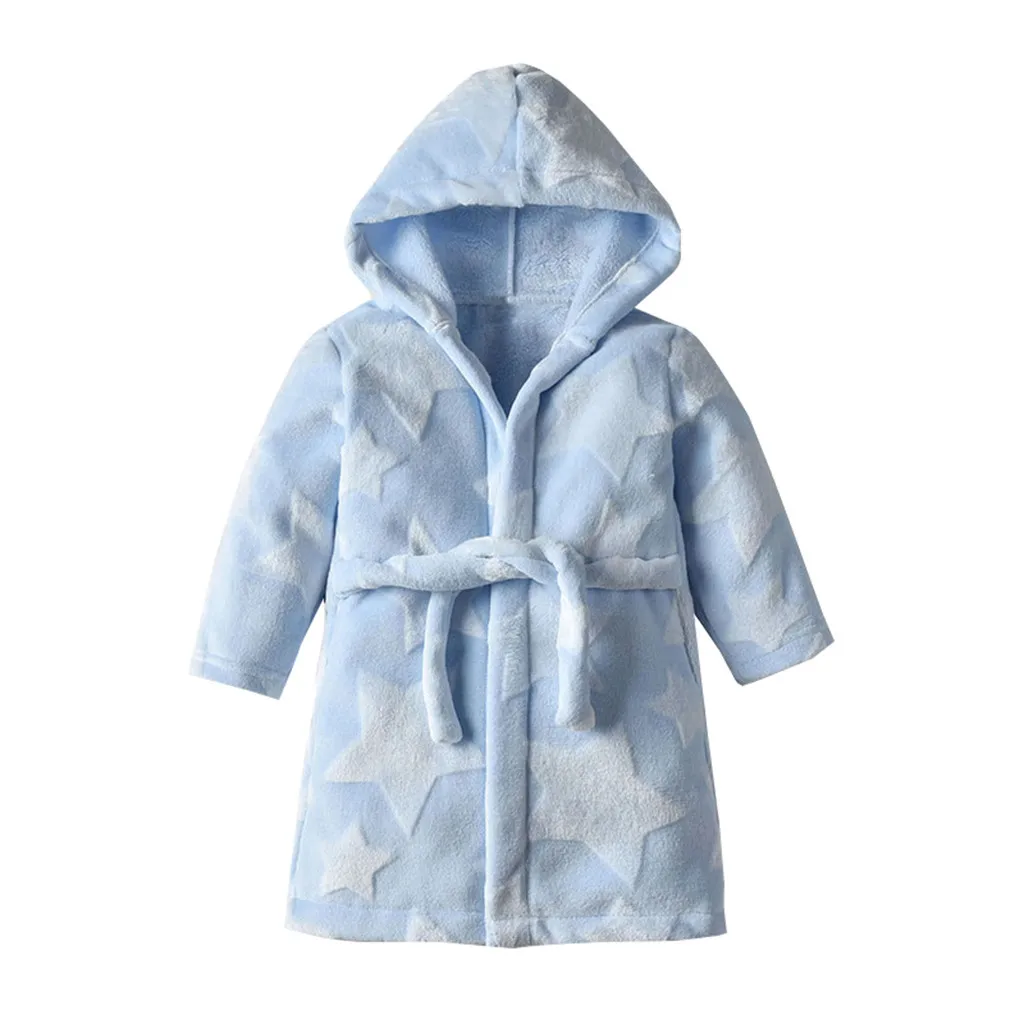 Winter Children Fleece Pajamas Warm Flannel Sleepwear Boys Girls Star Hooded Flannel Bathrobes Towel Night-Gown Sleepwear 1-6Y