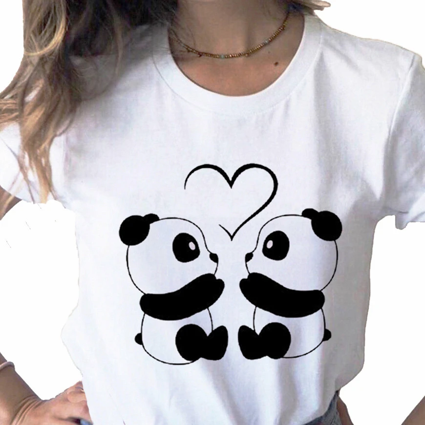 Love Valentine Panda Cartoon Animal Tops print ladies T-shirt casual basis O-collar white shirt short sleeve T-shirt,Drop Ship black and white striped shirt