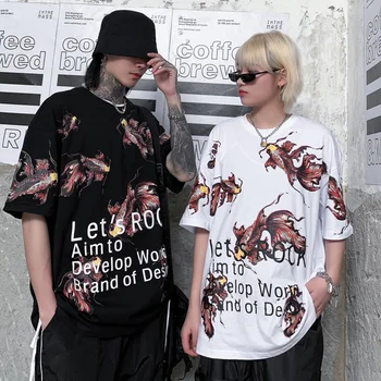 

2020 Korean Personality Styles Women's Summer Goldfish Printed Short-Sleeved T-Shirt Round Neck Student Streetwear Tee Shirt