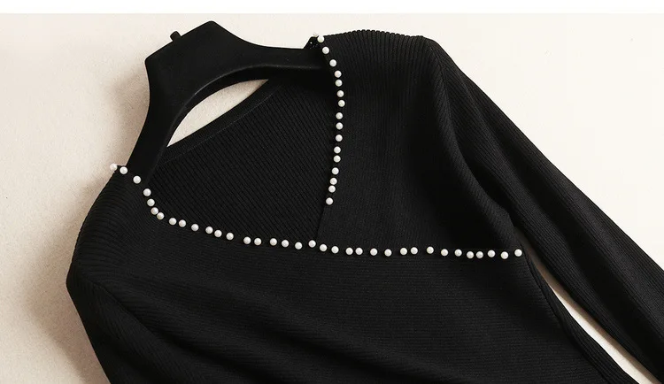 new autumn black knit sweater tops pearls beading V-neck pullovers+ floral print skirts suit two piece set