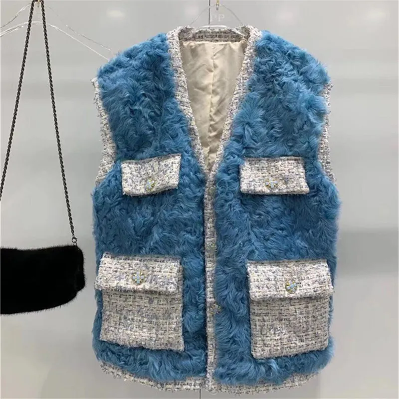 peacock blue Элегантный женский жилет,, небольшой аромат, твид, карман, натуральный мех ягненка, жилет без рукавов, Топ для женщин - Цвет: peacock blue
