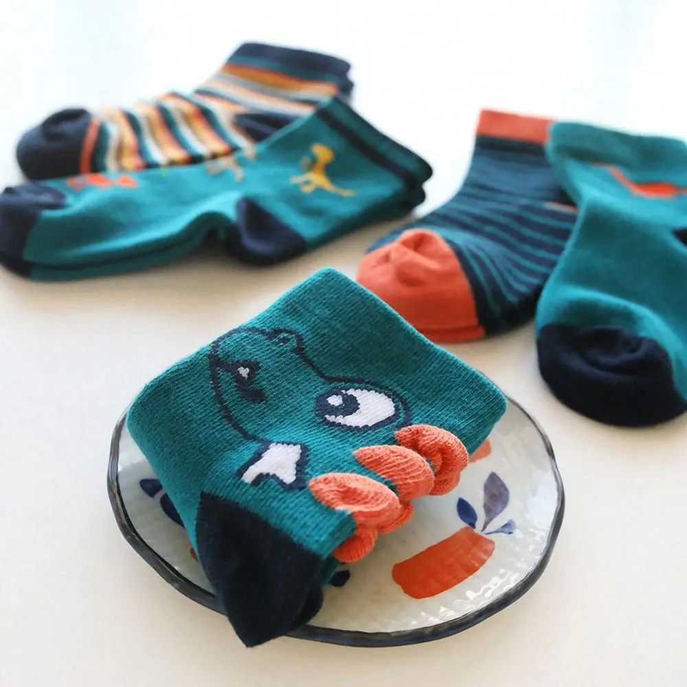 5 пар в партии, милые детские носки нескользящие хлопковые носки-тапочки осенне-зимние теплые носки для малышей с принтом динозавра аксессуары для малышей