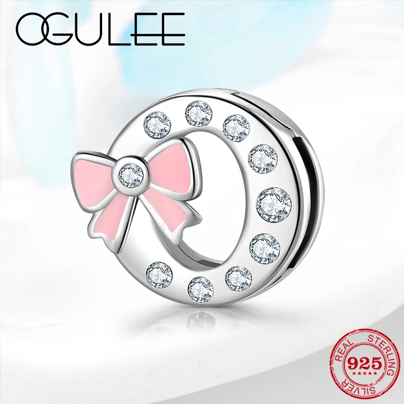 

New 925 Sterling Silver Alphabet Bead Letter O Clip Charm with Bow CZ Fine Jewelry fit Original Reflexion Watch Bracelet DIY