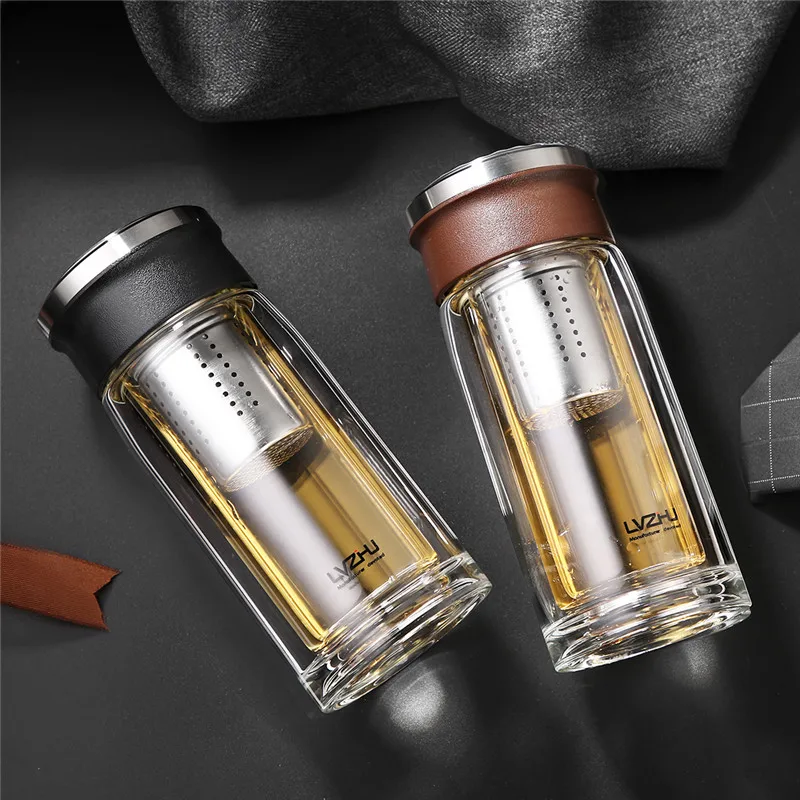 

oneisall Portable Office Double-Wall Glass Tea Bottle With Stainless Steel Tea Filter Water Bottle Anti-Scalding Business Mug