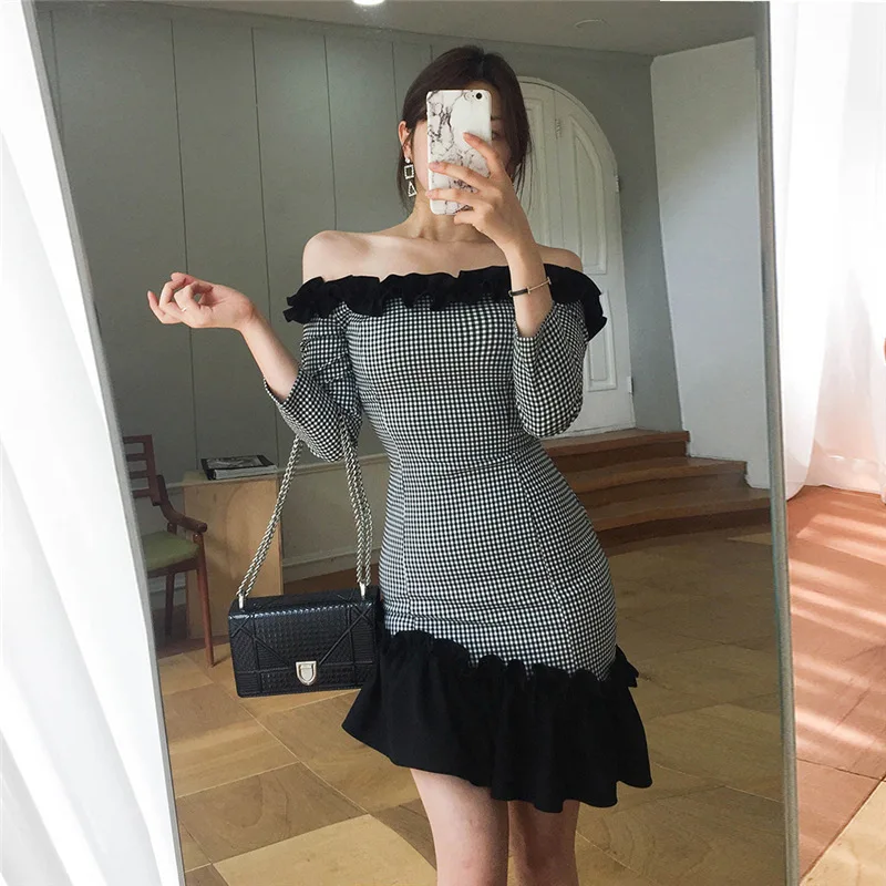 

2020 Fashion Dress For Women Autumn Winter Long Sleeve Plaid Ruffles Sheath Cotton Above Knee Slash neck Dress Streetwear