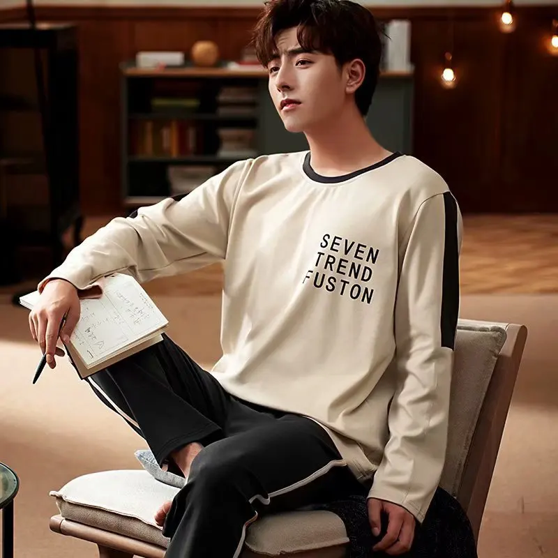 

Cotton Men Loose Print Pajama Pyjama Set Spring Autumn Shirt&Pants 2PCS Sleepwear Soft Home Clothes Casual O-neck Male Nightwear