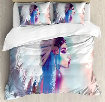 

Tribal Duvet Cover Set Girl Smoking Pipe with Traditional Clothes Abstract Watercolor Background Decorative 3 Piece Bedding Set