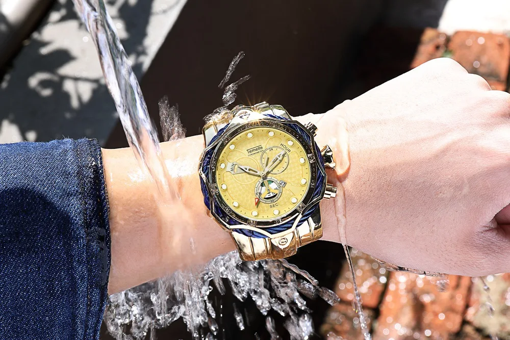 Temeite Роскошные Брендовые мужские часы золотые часы для мужчин большие тяжелые кварцевые часы золотые водонепроницаемые наручные часы Relogio Masculino