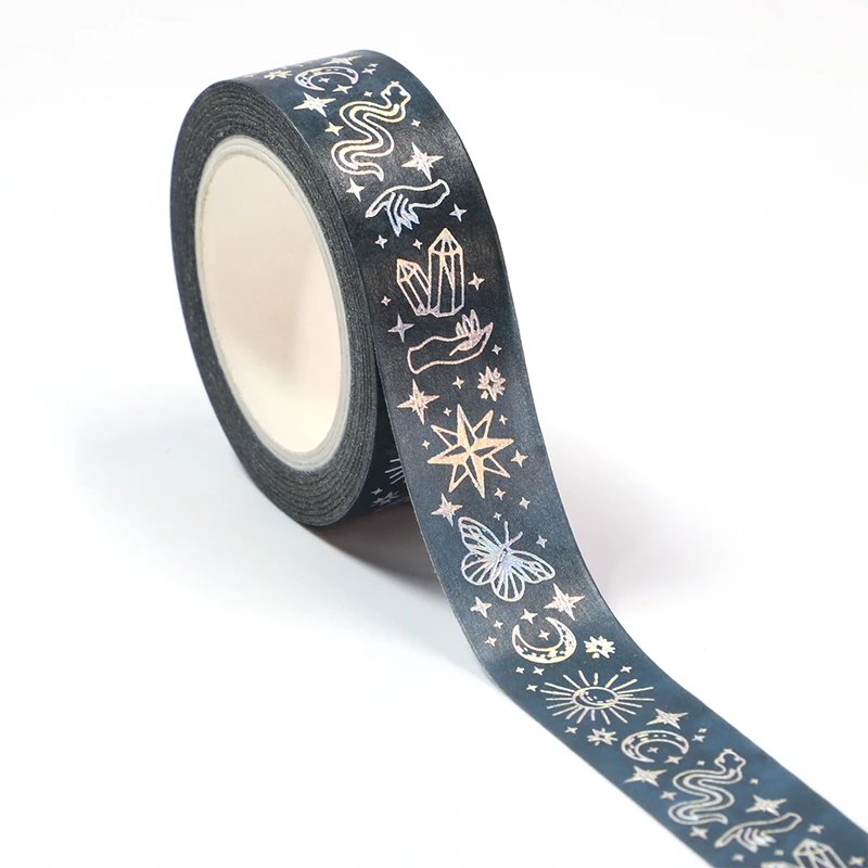 NEW 1PC 15MM*10m Silver Foil Divination Washi Tape Scrapbooking Masking Tape Office Adhesive Kawaii Stationery images - 6