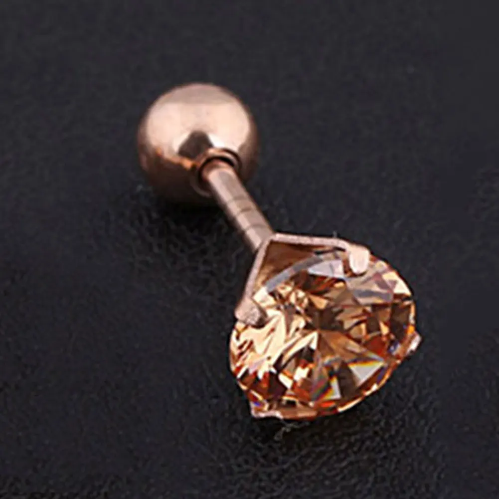 Rose gold Серьги-гвоздики, 1 шт., для женщин и мужчин, хрящевой канат, спираль, верхнее ухо, с драгоценным камнем, хирургическая сталь, стразы, для повседневной жизни, 4 мм, 6 мм - Окраска металла: Rose gold