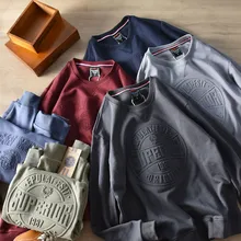 

American Retro Terry 3D Printed Hoodies Men's Pure Cotton Washed Old Round Neck Pullover Knitted Long-sleeved Casual Sportwear