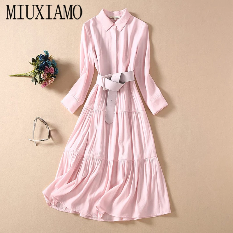 

MIUXIMAO High Quality Newest Fashion Runway Long Dress Women Long Sleeve Stripe Retro Art Pink Designer Long Dress With Belt