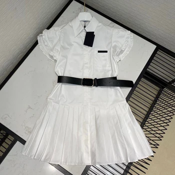 

Fashion Petal Short Sleeves Lapel Summer Shirt Dress Women Brand Pleated Bottom Sweet White Dresses with Slim Leather Belt Dress