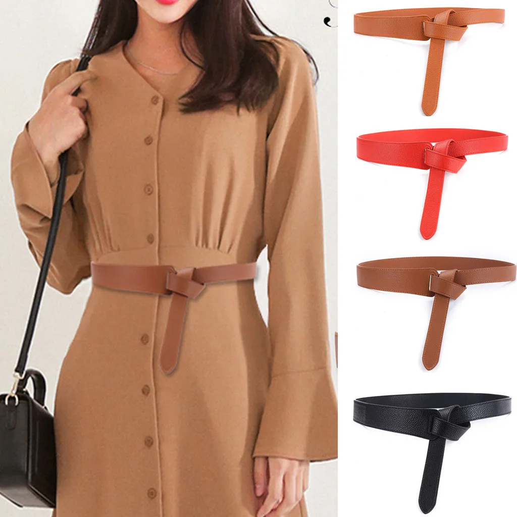 Женский ремень из искусственной кожи однотонный нескользящий с узлом и пряжкой