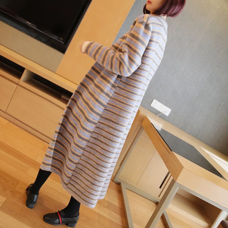 Temperament mink cashmere cardigan sweater coat female new long-sleeved striped thick loose knit