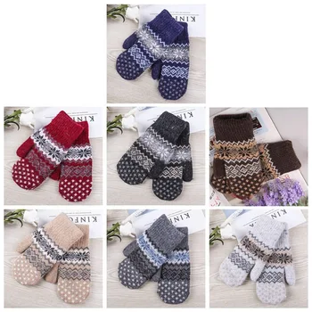 

Women Fashion Knit Snowflake Mittens Winter Female Wool Plus Cashmere Velvet Thickening Warm Full Finger Gloves