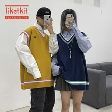 Liketkit, мужские осенние пуловеры, мужской полосатый Свободный жилет с v-образным вырезом, мужские свитера без рукавов, повседневный вязаный теплый свитер для пары