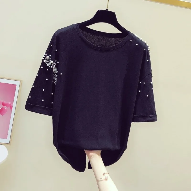 

Loose Tshirt Women Black 2020 Summer New Korean Fashion Heavy Industry Beaded Round Neck Short Sleeved T-shirt Students Tees Top